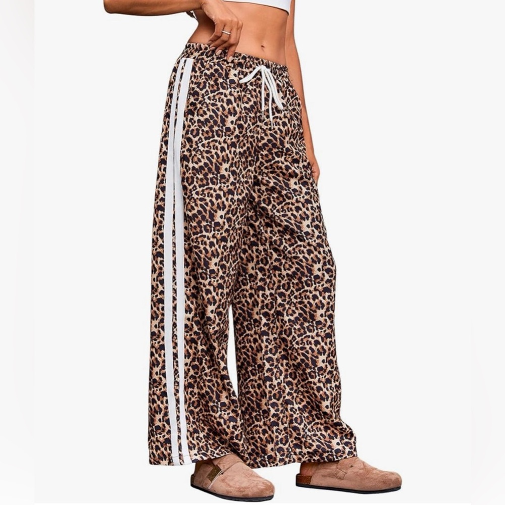 Leopard Print Straight-Leg Pants with White Stripes